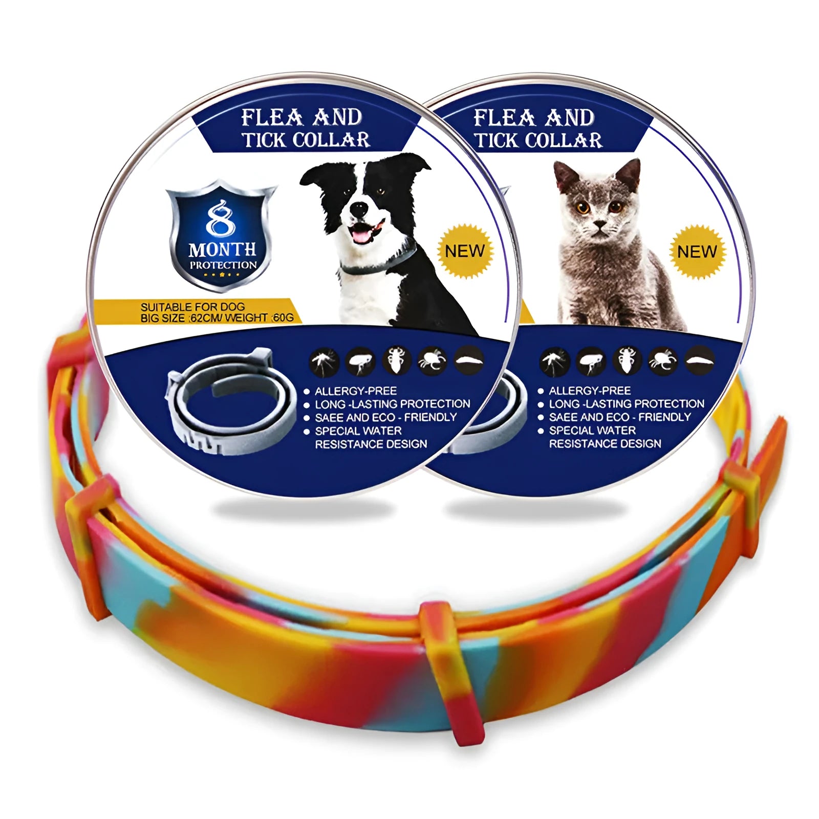 Plastic flea and anti-lice collar for cats or dogs in rainbow packaging
