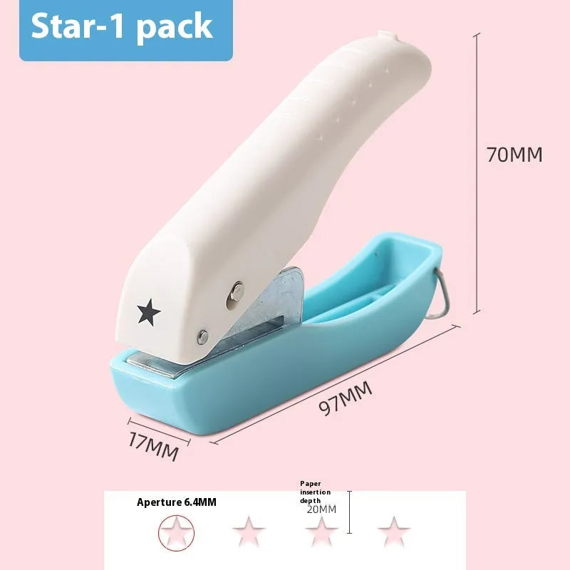 Small manual punching machine with 4mm embossed kindergarten patterns showing Love, Round and Star shapes