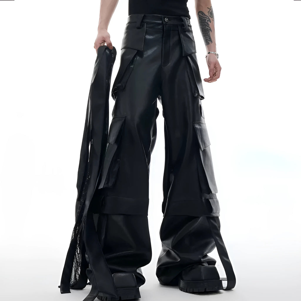 Men's black quilted loose fit trousers with ribbon stitching and multiple pockets