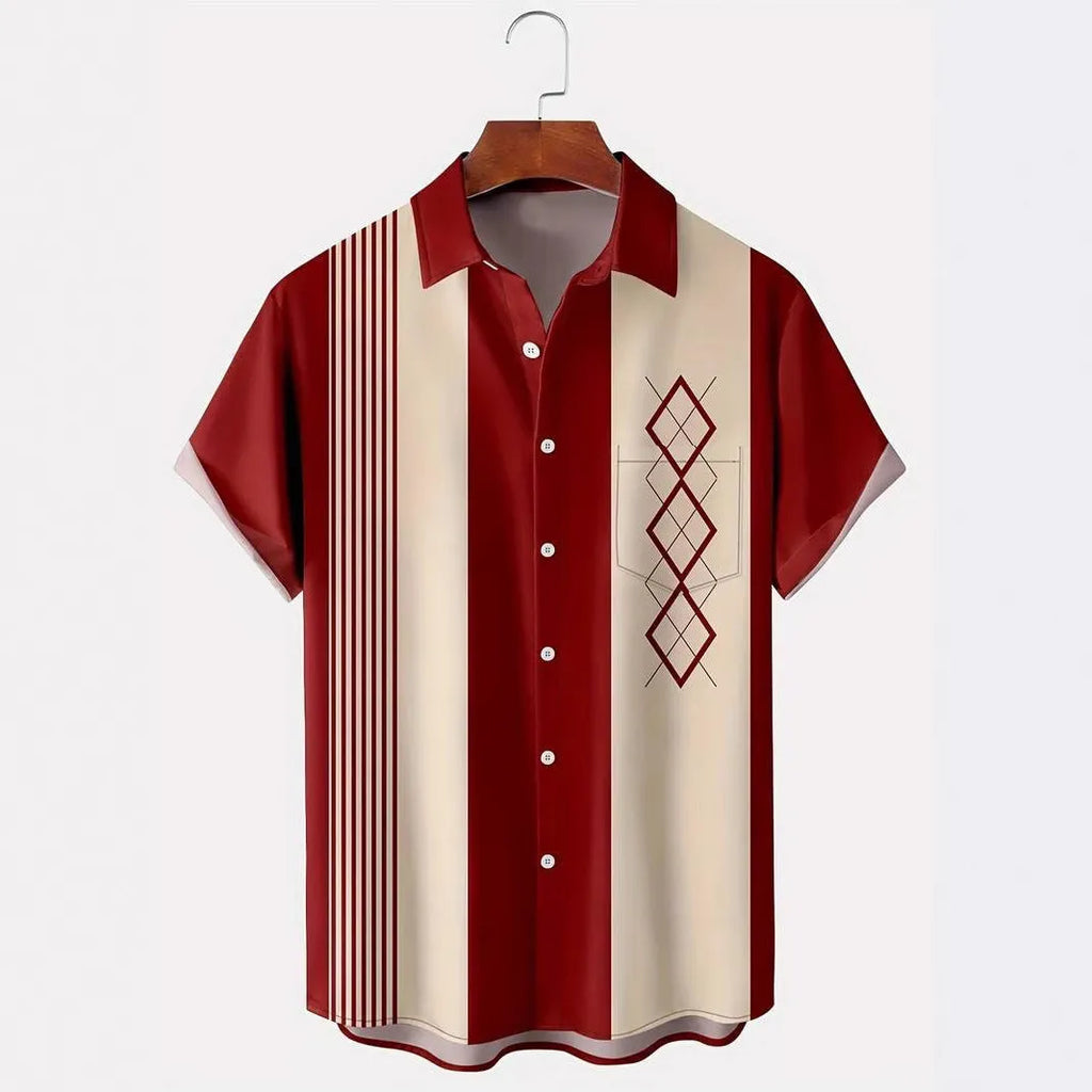 Man wearing a loose-fit short sleeve plaid shirt with lapel collar in contrasting colours.