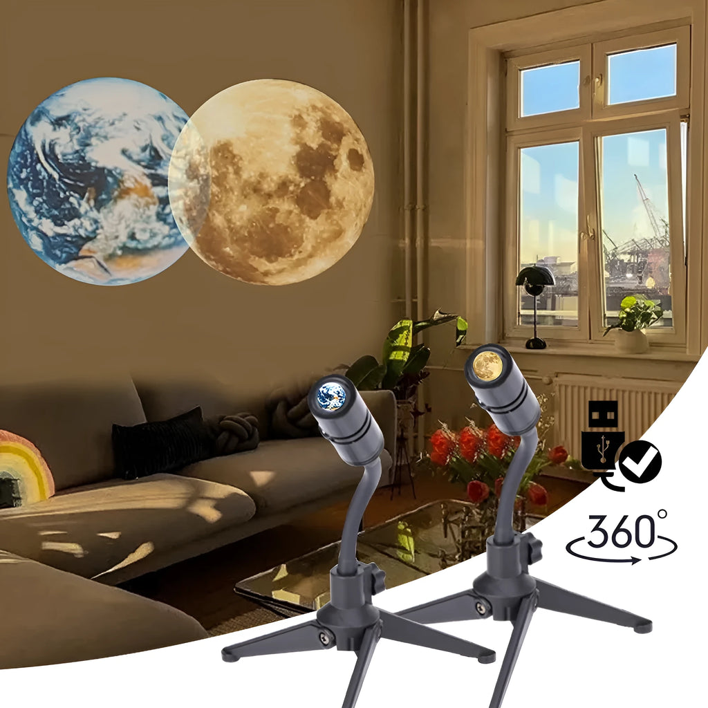 White ABS plastic star projector lamp with adjustable hose bracket showing earth and moon projection chips.