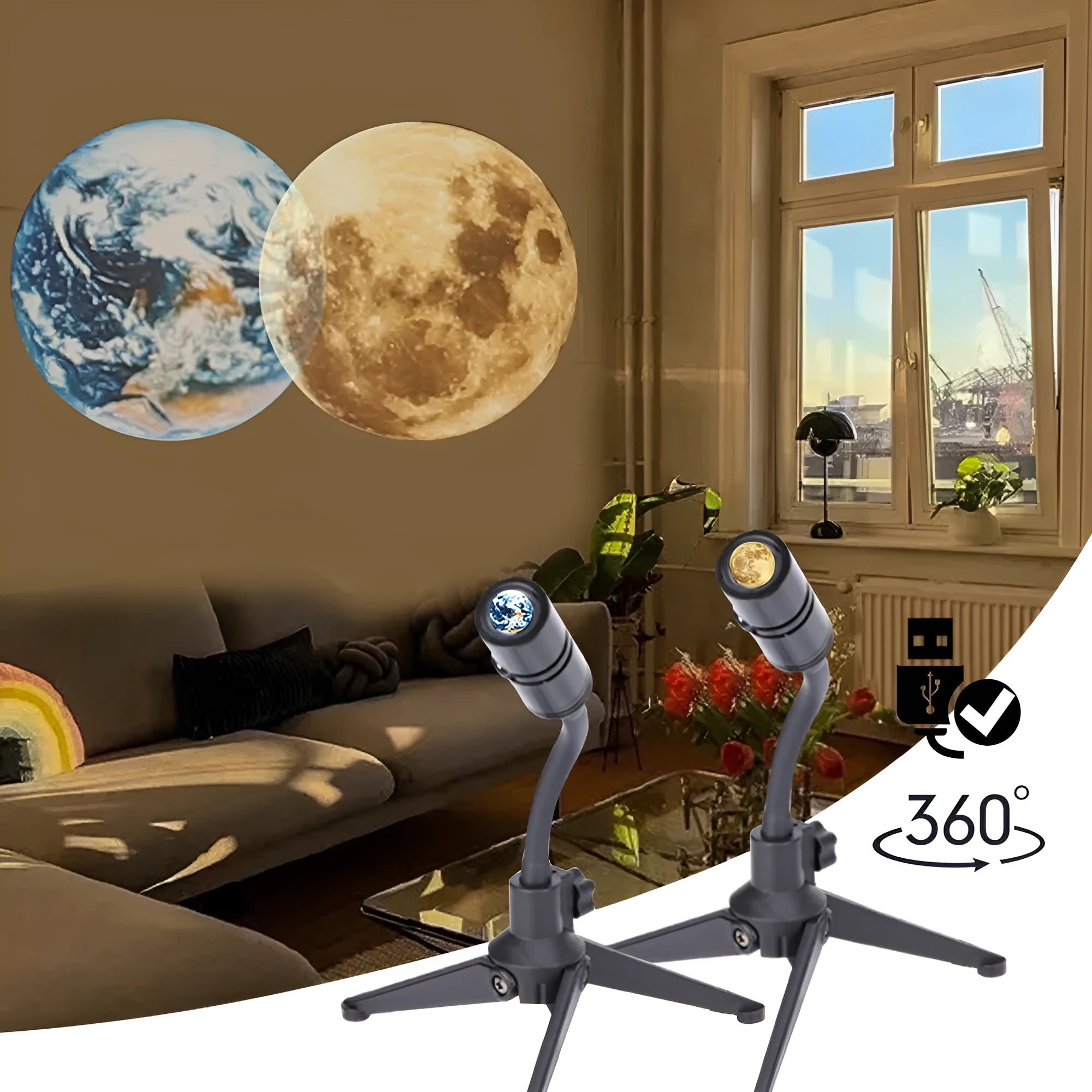 White ABS plastic star projector lamp with adjustable hose bracket showing earth and moon projection chips.