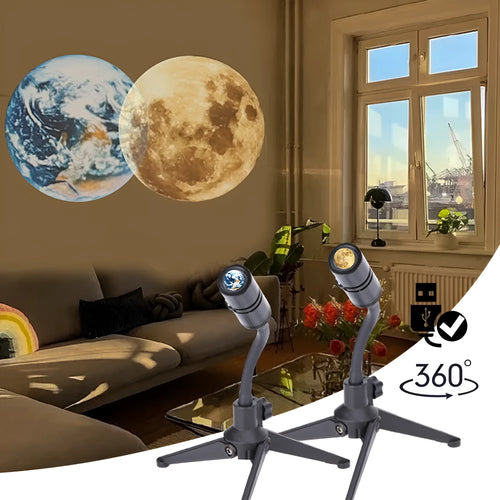 White ABS plastic star projector lamp with adjustable hose bracket showing earth and moon projection chips.