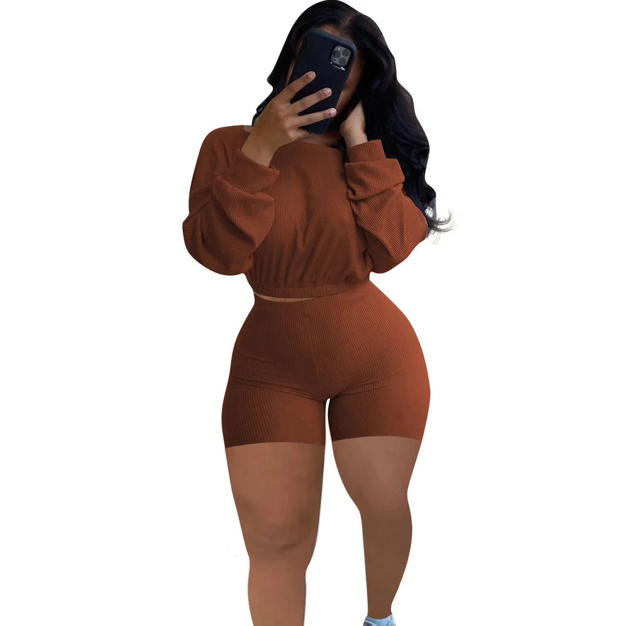 Women's off-the-shoulder long sleeve top and matching shorts two-piece set in a sunken stripe pattern.