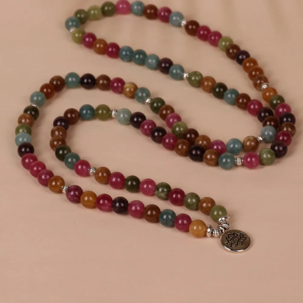 108 bead lotus bracelet in tourmaline colour with multi-layer hanging design and alloy construction