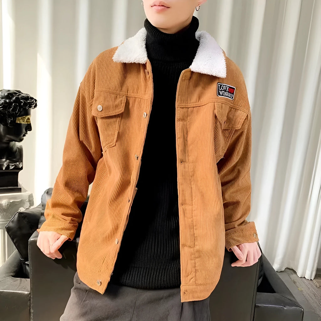 Men's loose fit corduroy work jacket in khaki, green, or black with a stick pocket.