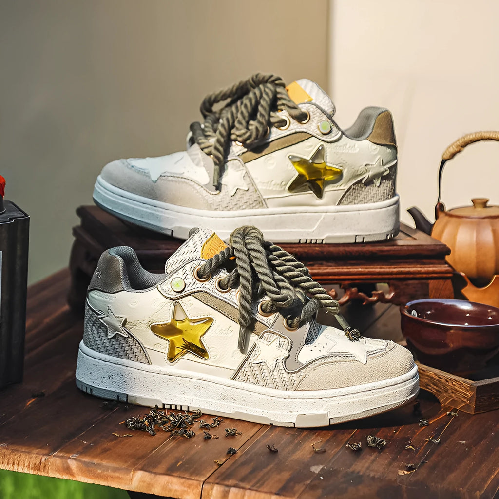 Cowhide leather unisex platform running shoes in West Lake dragon well tea colour with lace-up front.