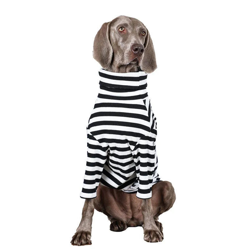 Black and white thin polyester dog jacket for large breeds on a size chart showing M to XXXL.