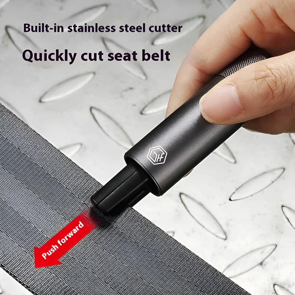 Gun grey aluminium car safety hammer with seatbelt cutter and test glass piece