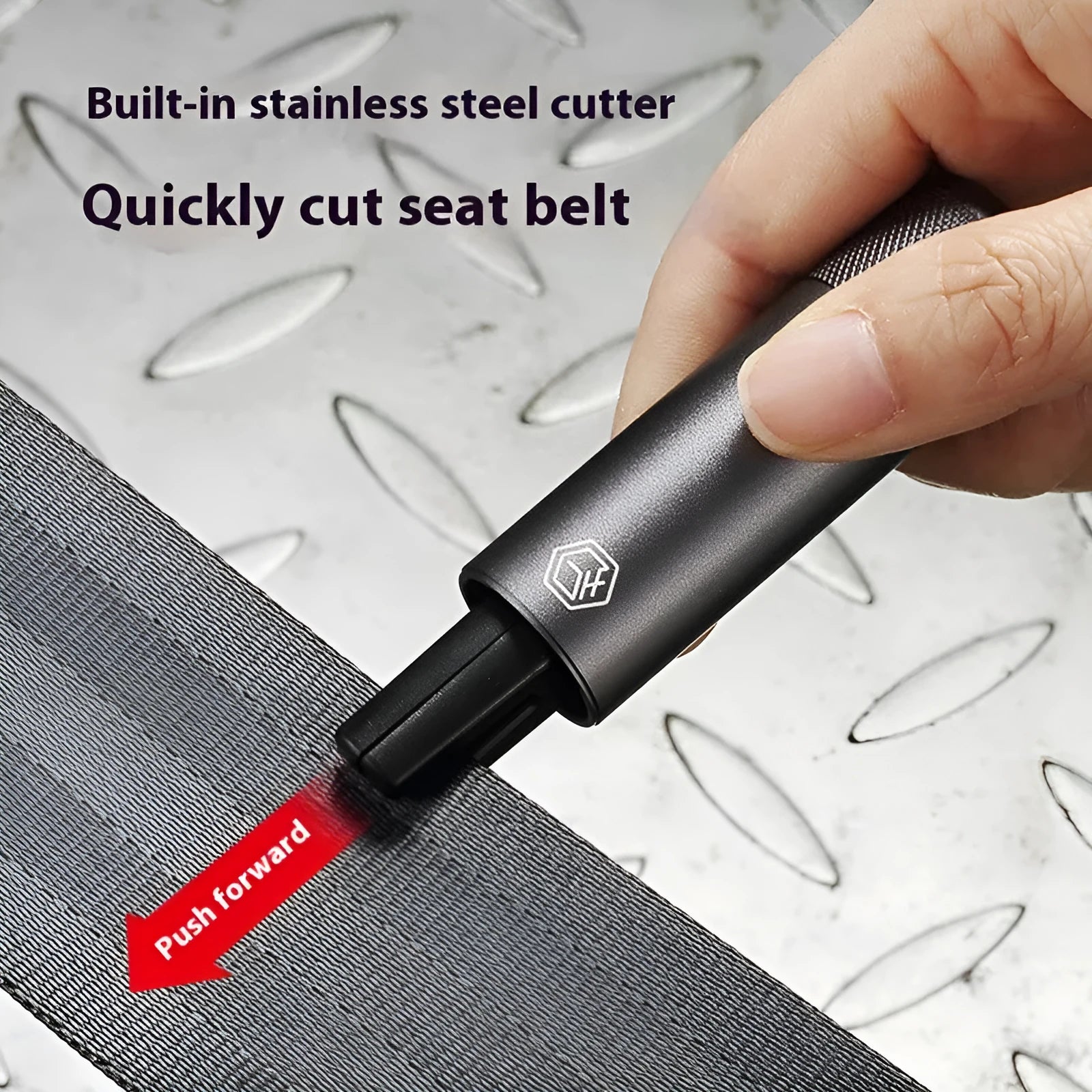 Gun grey aluminium car safety hammer with seatbelt cutter and test glass piece
