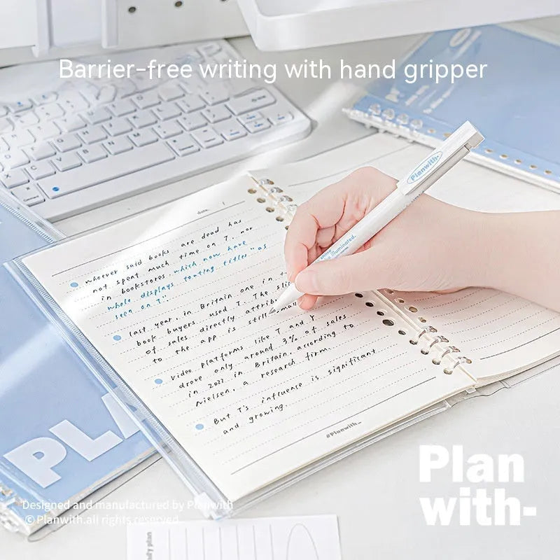 A5 spiral notebook with transparent PVC cover in blue, showing loose pages inside, next to a white version.