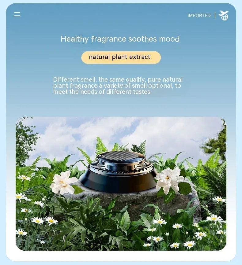Solar-powered kinetic car air freshener with rotating double rings on a black plastic base.