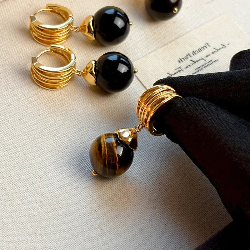 Geometric Tigereye stone earrings with gold plating in brown and black colour options