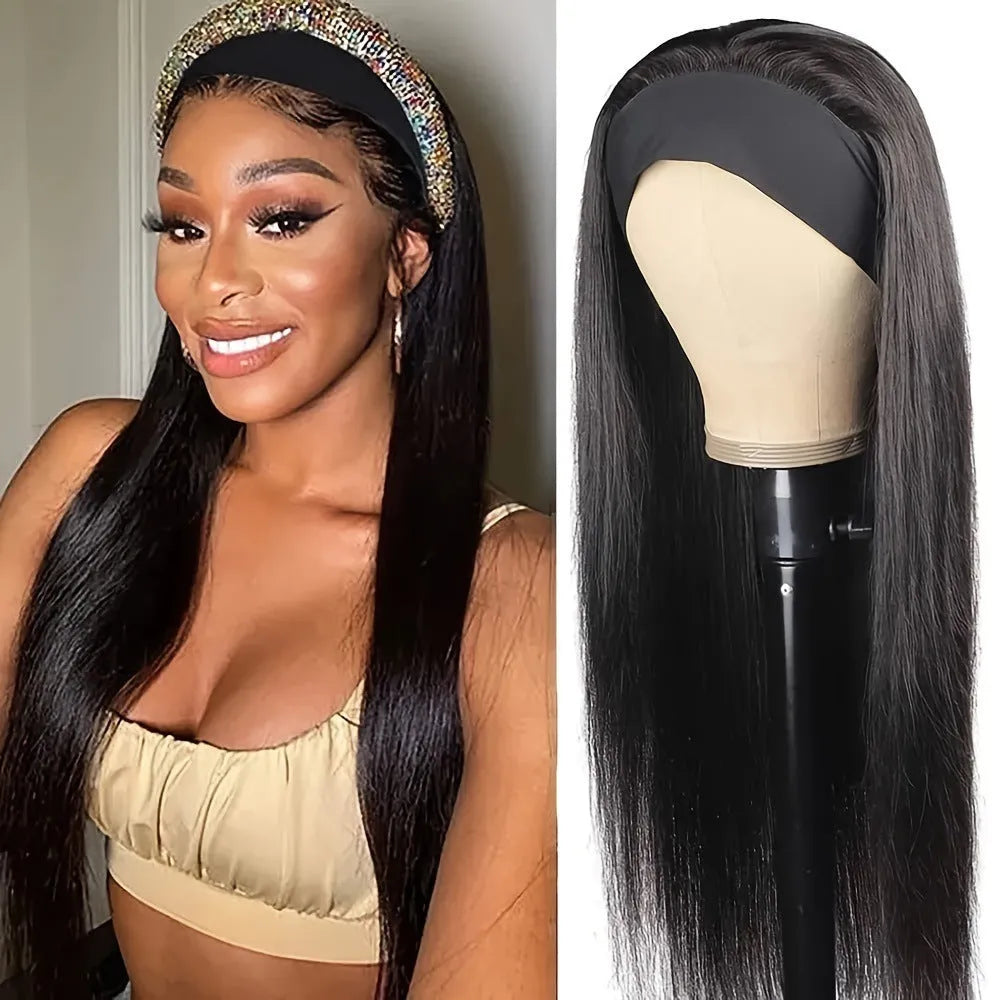 Headband wig in high temperature fibre showing black straight, black curly, and wine red colour options
