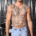 Heavy metal style gem vest top in transparent AB colour with strapless no-back cut, slim fit, and matching alloy body chain