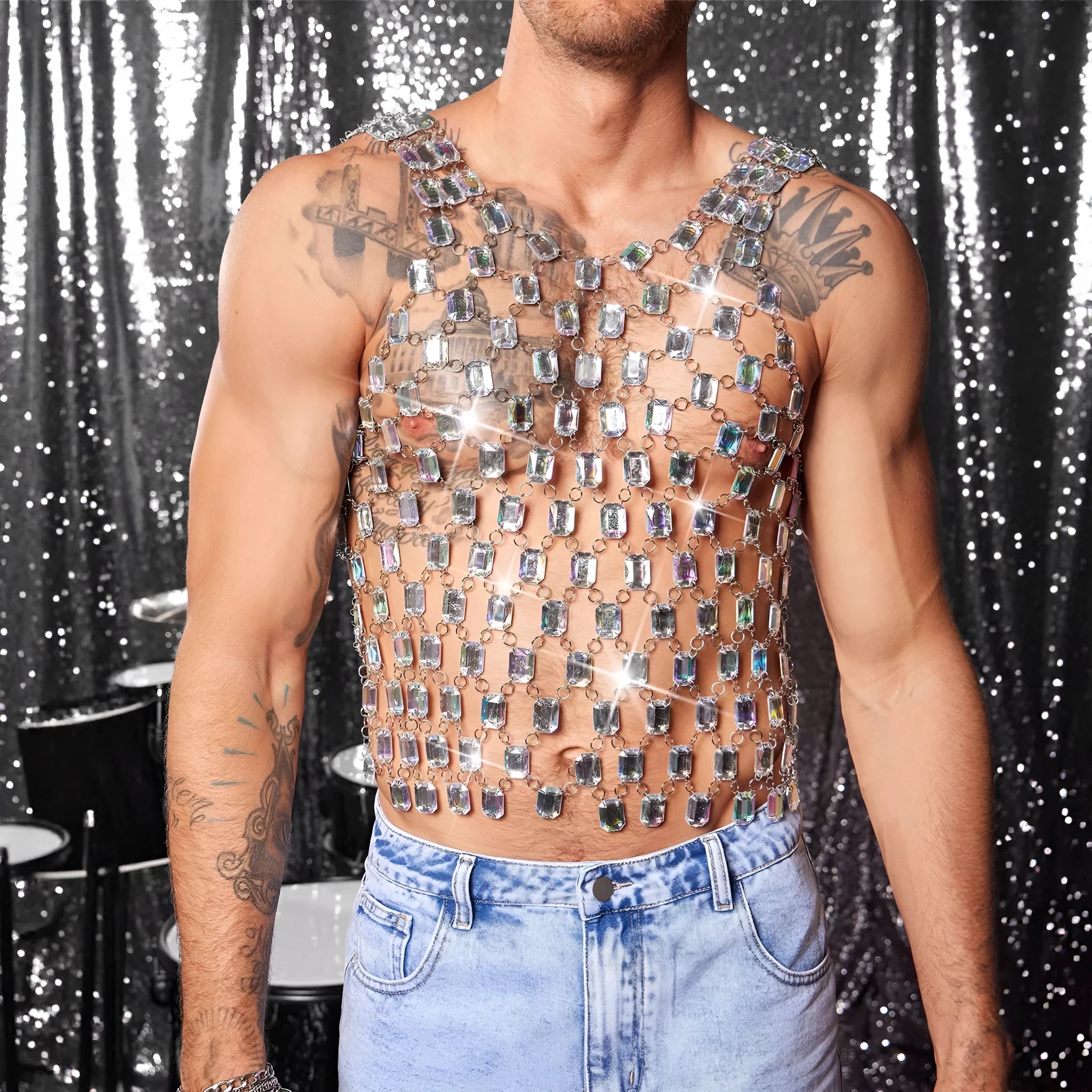 Heavy metal style gem vest top in transparent AB colour with strapless no-back cut, slim fit, and matching alloy body chain