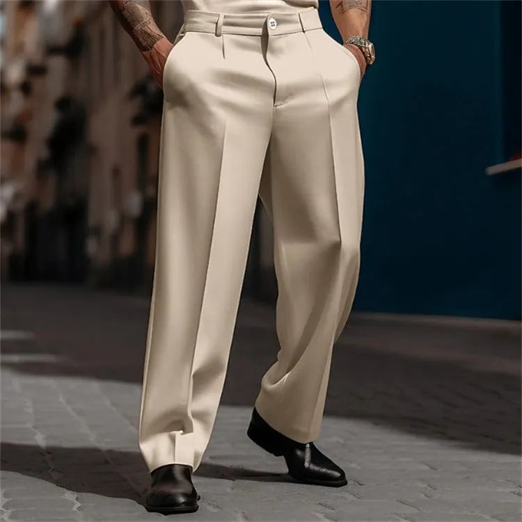 Men's straight-leg suit pants in solid colour with diagonal pockets, cotton-polyester blend, available in multiple colours