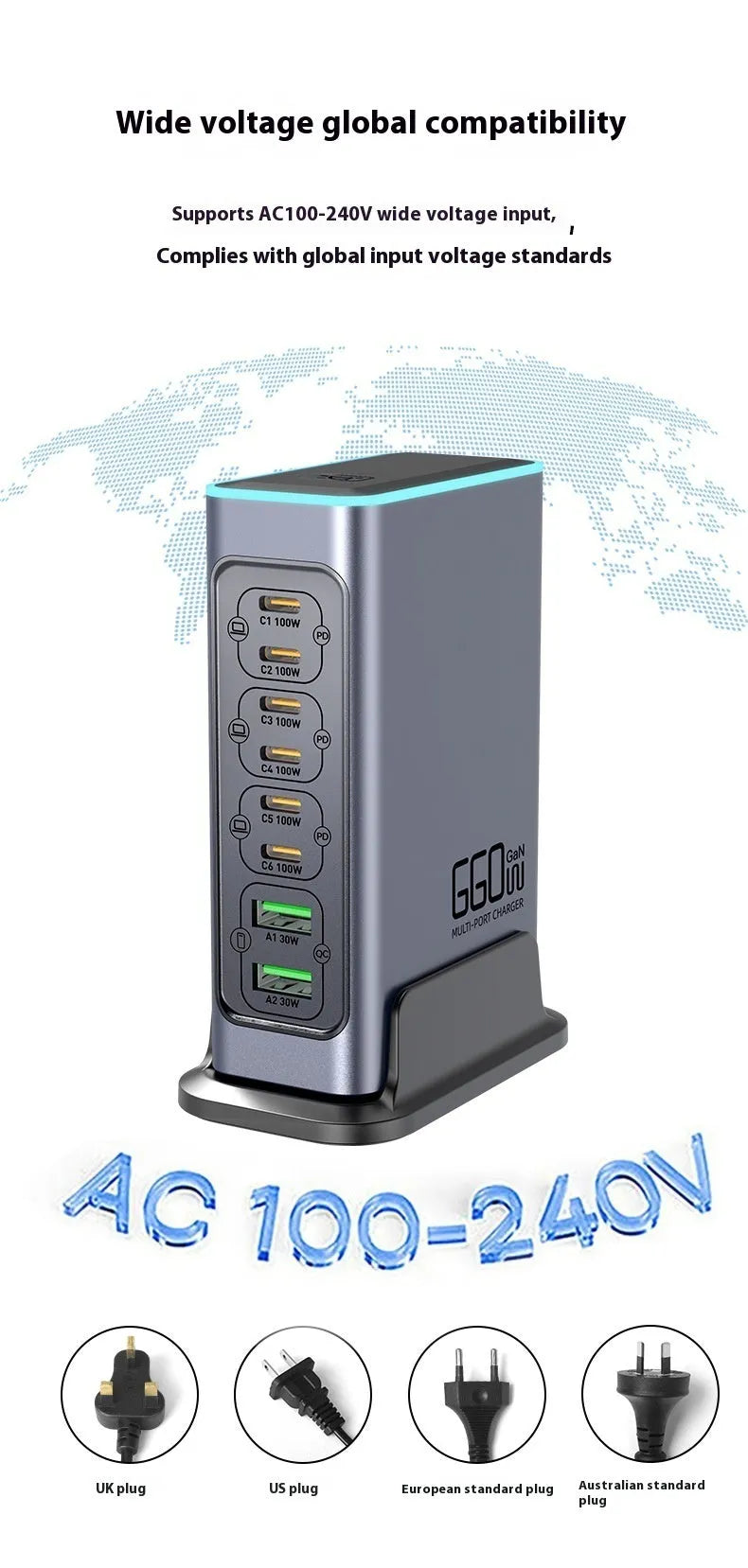 660W Gallium Nitride desktop fast charger with international plug options.