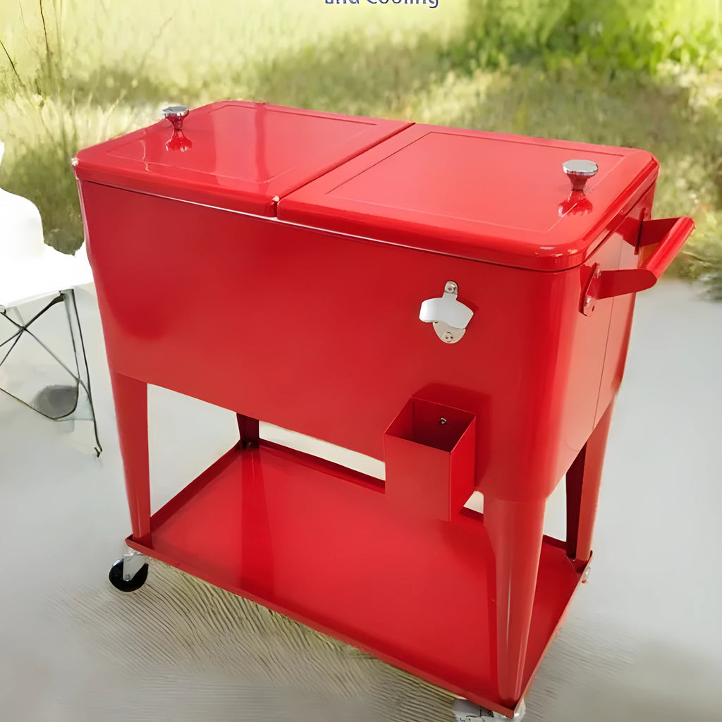 Red insulated trolley with iron frame and 750 capacity for outdoor cooling