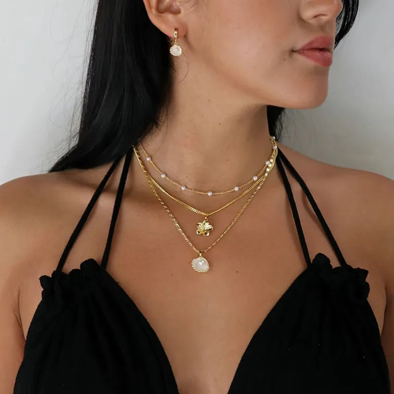 Gold pearl pendant necklace on ball bead chain 41-50cm copper geometric design