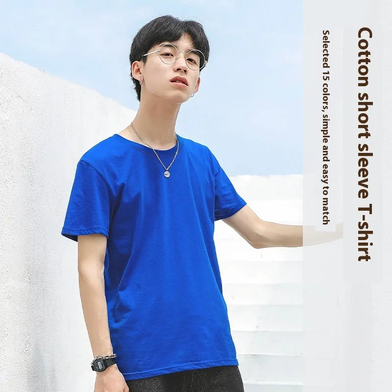 Men's solid colour round neck cotton t-shirt on a hanger, showing short sleeves and casual fit.