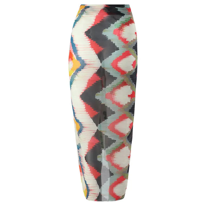 Women's swimsuit options: one-piece, two-piece, and style with detachable hip skirt in printed polyester fabric.