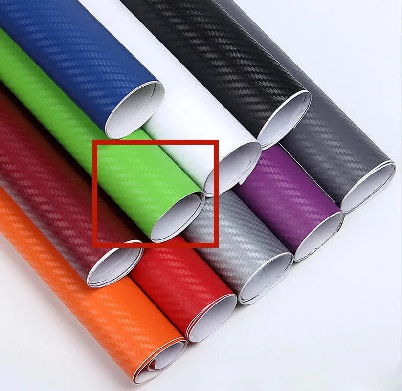 Carbon fibre pattern sticker roll showing eight colour options with 30x127 cm dimensions for car decoration
