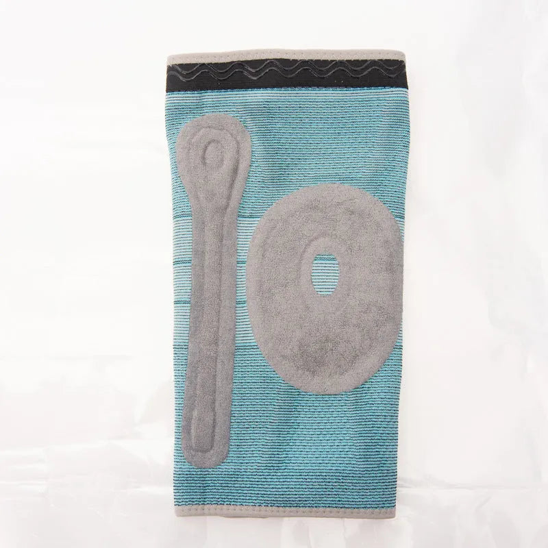 Sky blue elastic fibre knee pad with silicone protection for sports.