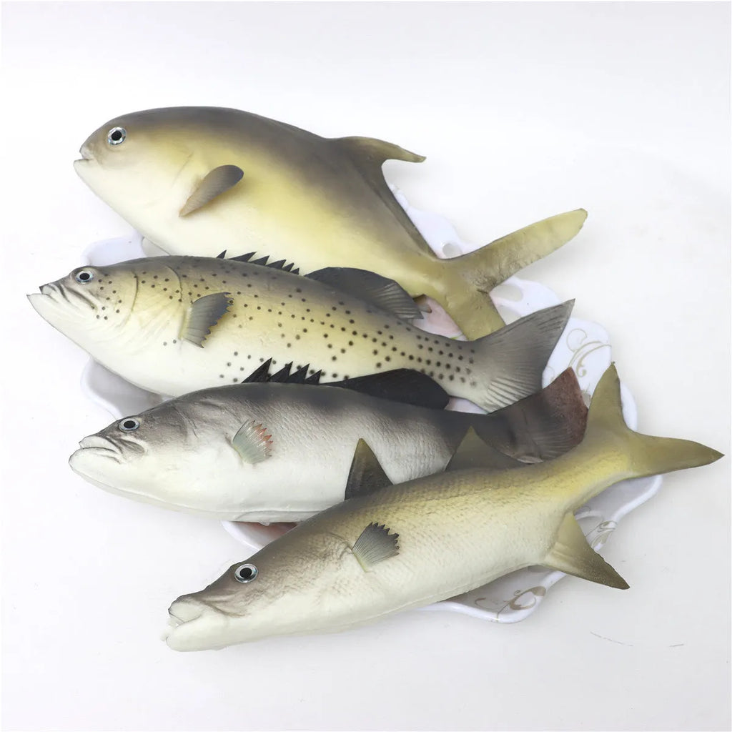 Three PU simulated fish ornaments - yellow-fin tuna, yellow croaker and flower fish models for decorative display