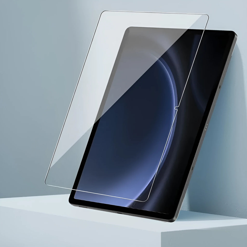 Samsung Galaxy tablet with HD tempered glass screen protector showing anti-fingerprint surface.