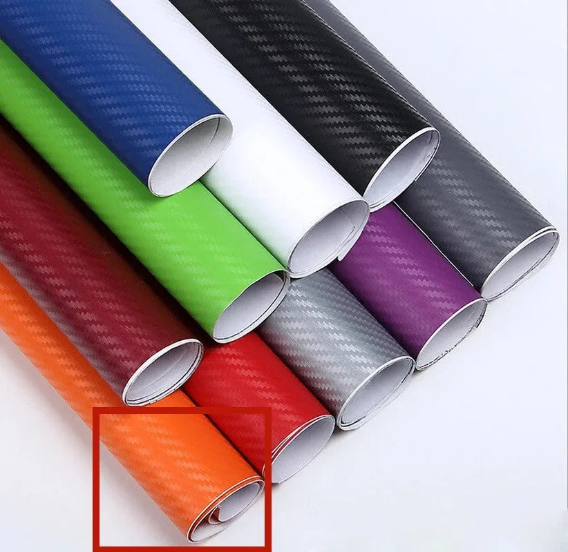 Carbon fibre pattern sticker roll showing eight colour options with 30x127 cm dimensions for car decoration