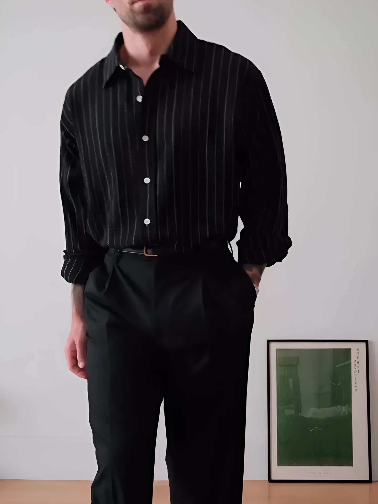 Black pinstriped button-down polyester shirt with regular fit for daily wear