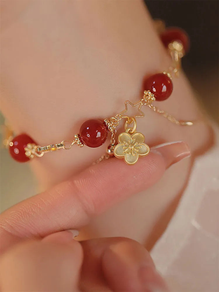 Natural red agate double layer bracelet with peach blossom decorations