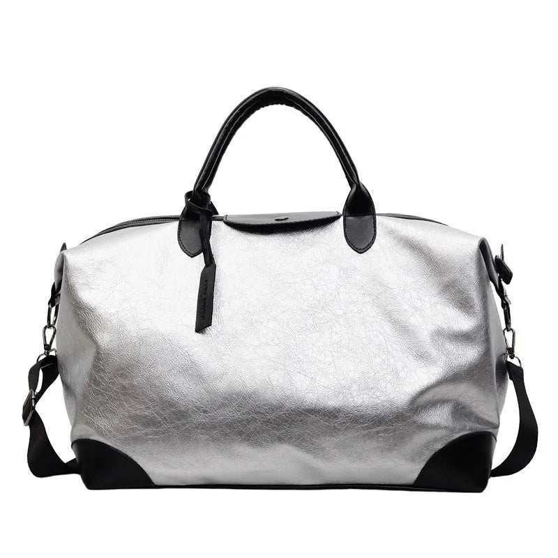 Large hand-carrying travel bag for women in black, capacity 36-55L, made from PU material with polyester lining