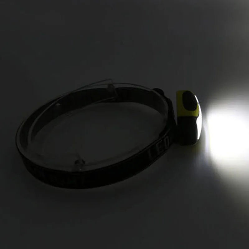 Yellow plastic headlamp with COB LED light and adjustable elastic head strap.
