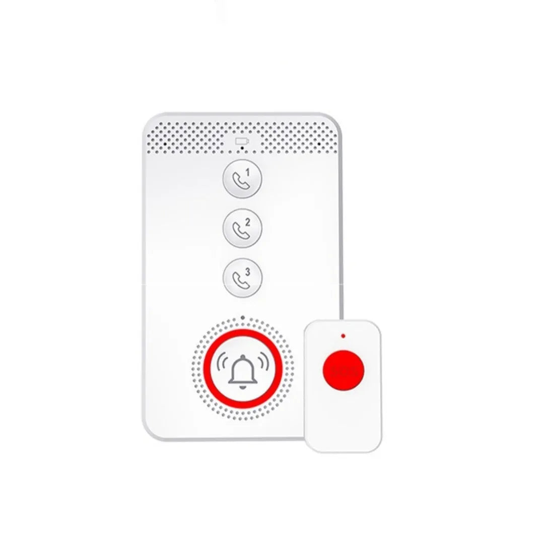 White one-click voice emergency alert device with a buzzer and three remote panic buttons.
