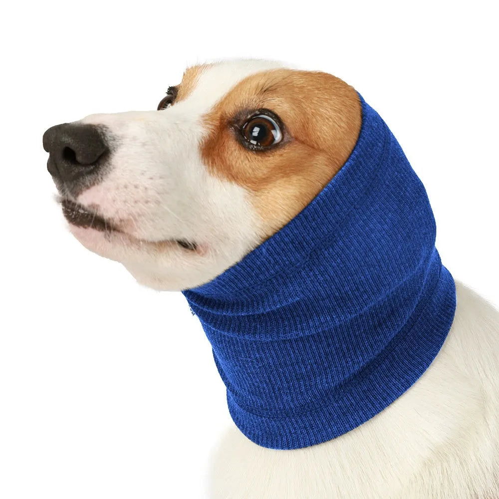 Blue and grey polyester dog headband scarf shown in S, M, L sizes.