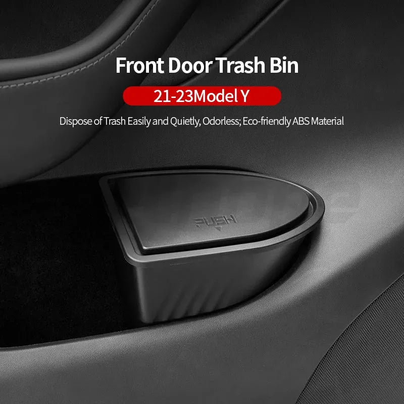 Black ABS car door trash cans sized for Tesla Model Y front door pockets