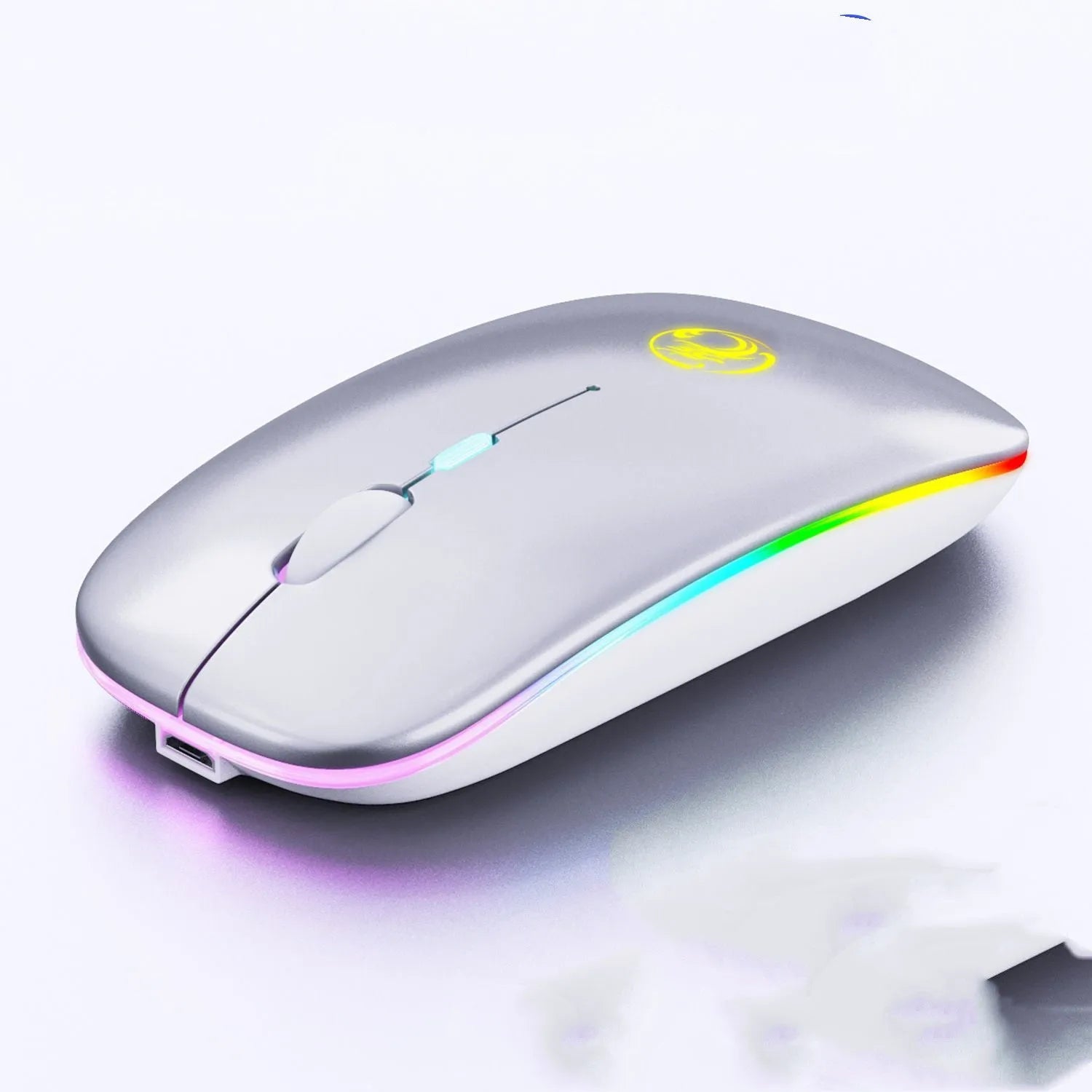 Black or white wireless mouse with dual-mode connectivity and silent clicking buttons
