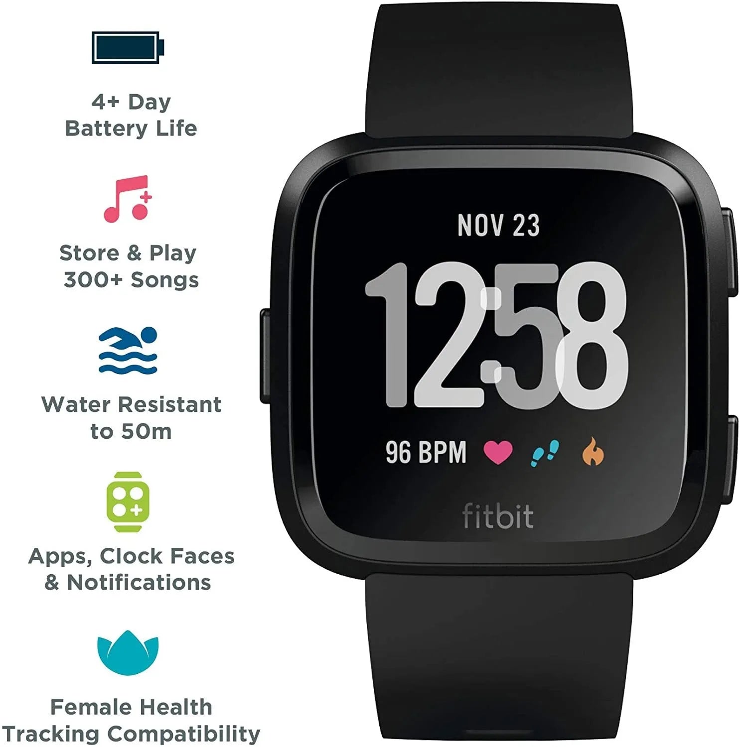 Black waterproof smart watch with heart rate monitoring on a silicone wrist strap.
