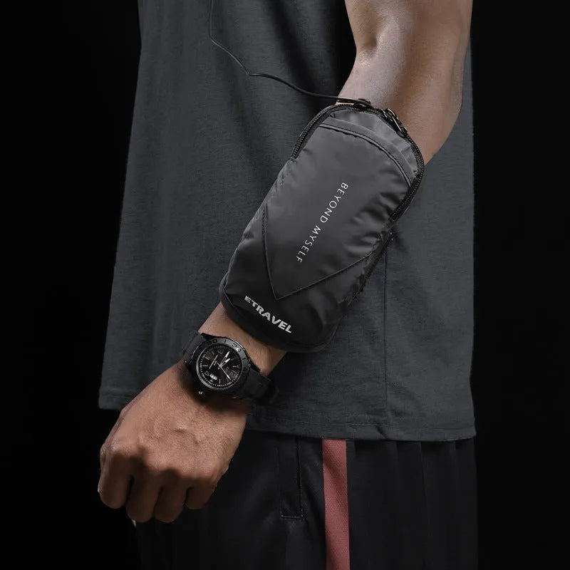 Lightweight reflective running arm bag shown in black, fluorescent yellow, and silver grey colours.
