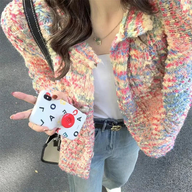 Rainbow knitted cardigan sweater in gentle idle style with slim fit and free size