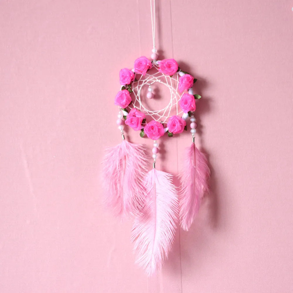 Pink ostrich feather dreamcatcher wind chime wall ornament 10cm