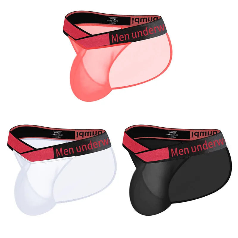 Men's transparent ice silk nylon briefs with V gradient design in black colour