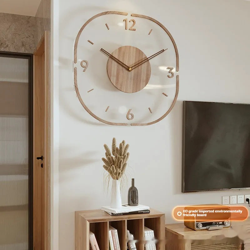 Transparent wooden wall clock with modern square design measuring 35cm