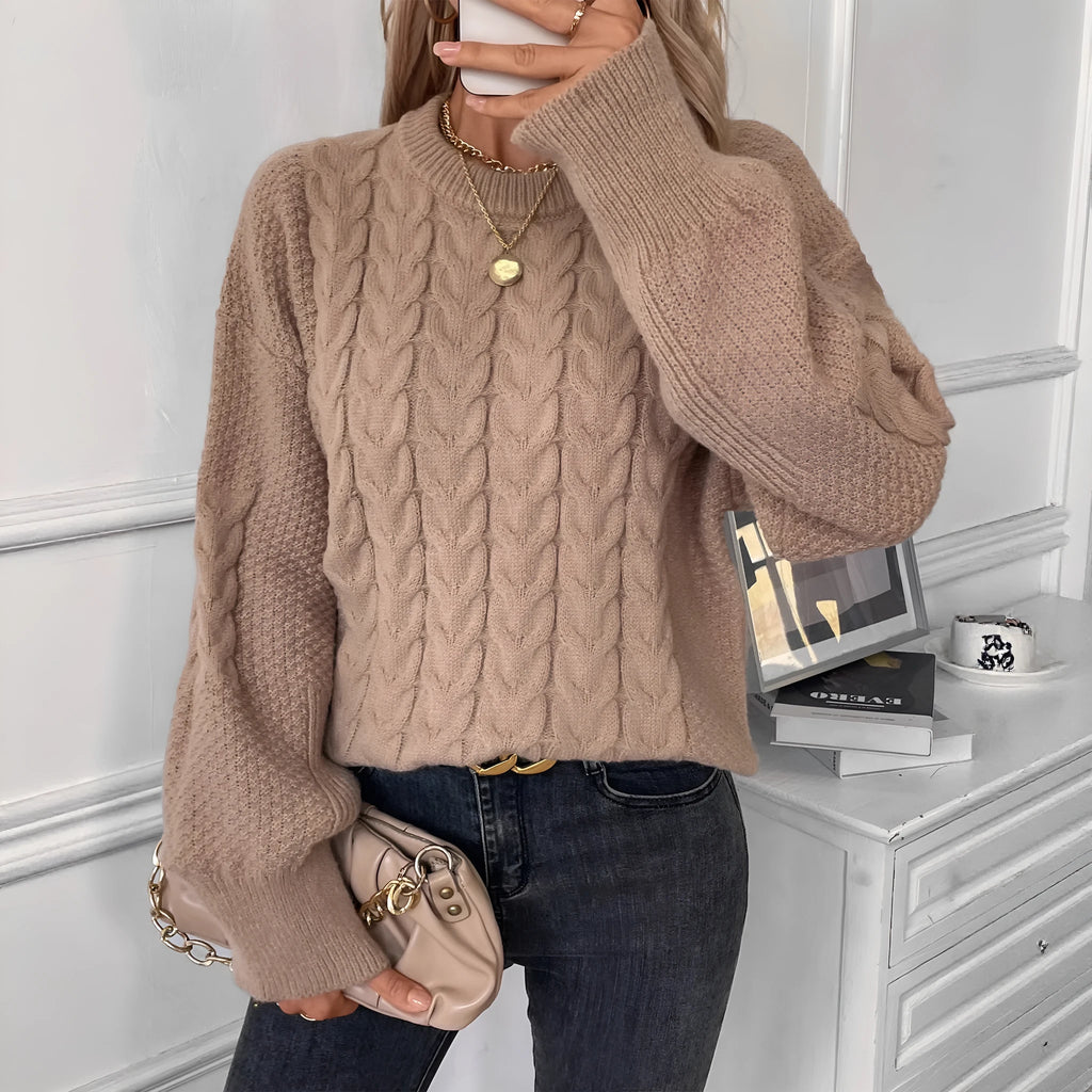 Women's beige casual pullover sweater with twist detail, round neckline and loose fit