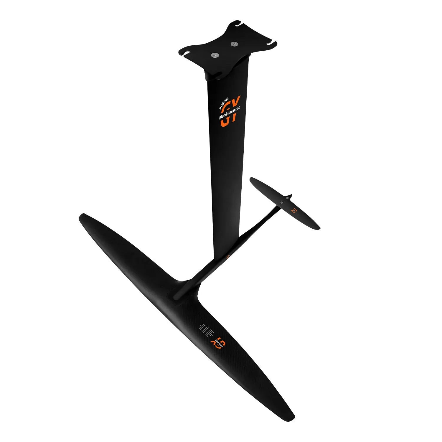 Black carbon fibre racing surf hydrofoil with aluminium alloy components and 1051mm front wing