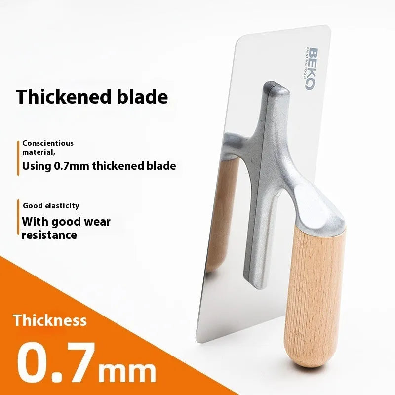 Stainless steel decorative putty scraper with wooden handle showing three blade size options