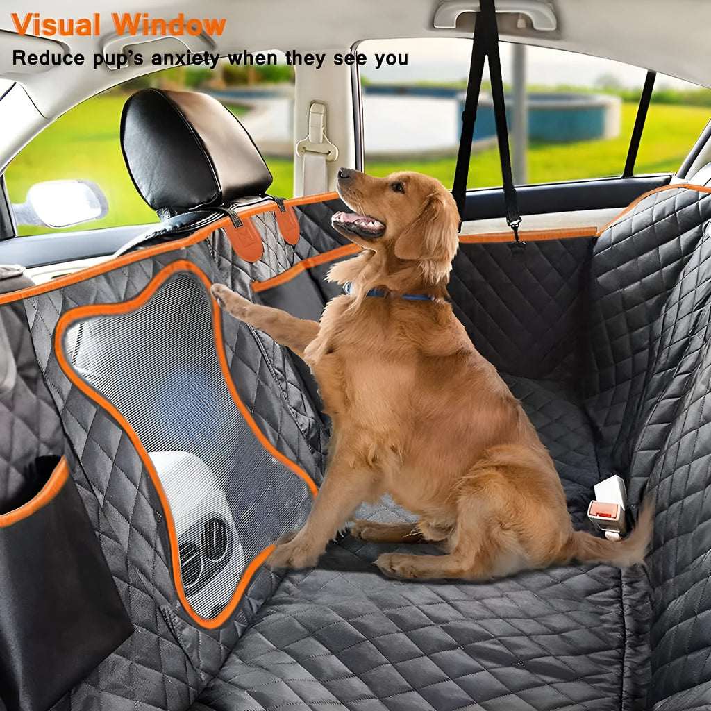 Black and orange waterproof dog car seat cover shown converted into a hammock on a rear car seat.