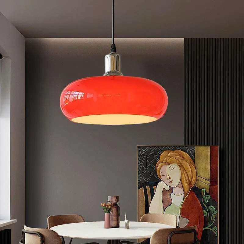 Bauhaus style three-headed pendant light with milk white egg tart glass shades